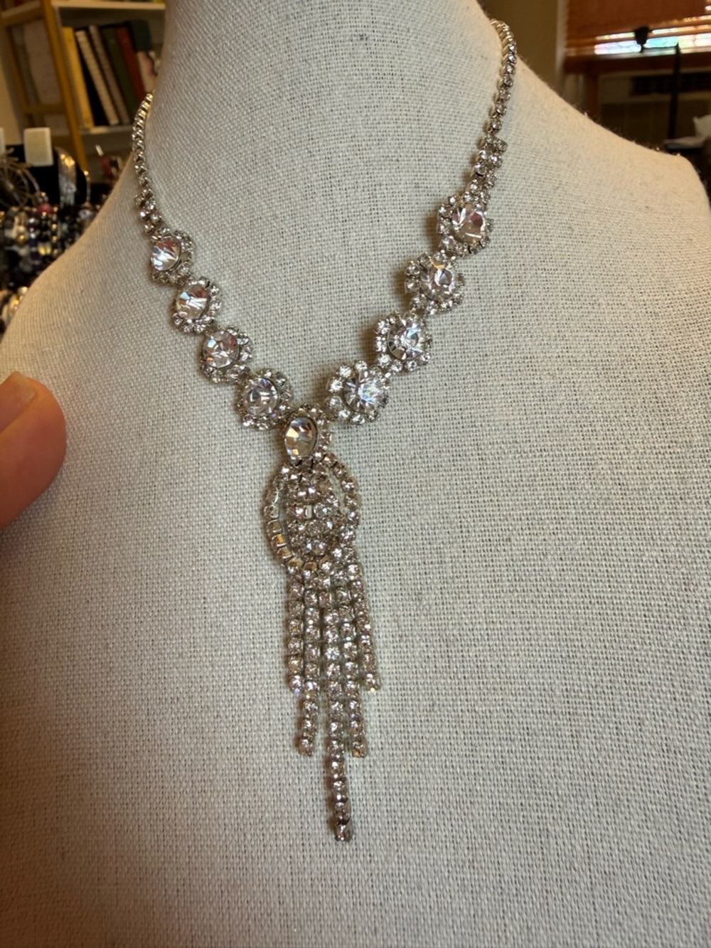 Crystal Tassel V-Shape Necklace - Silver